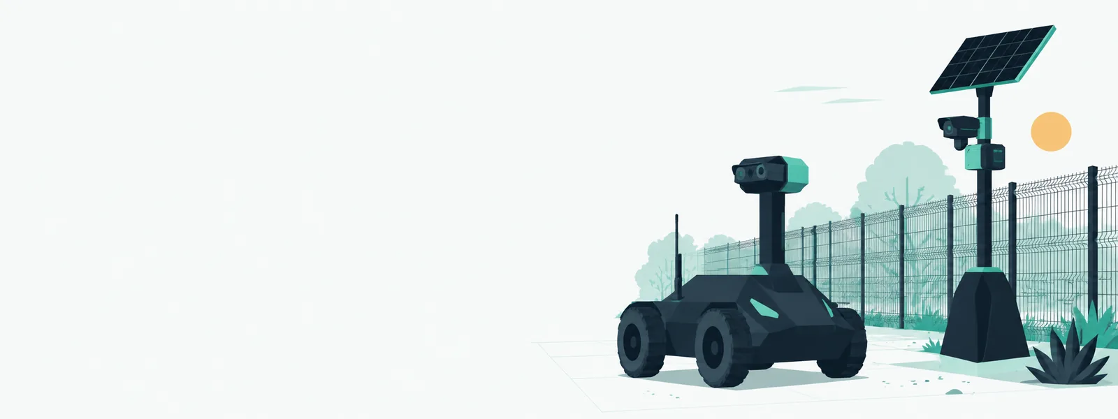 Illustratie van een bewaakt bedrijfsterrein: een rijdende patrouillerobot op wielen met een camerakop op een mast, daarnaast een camerarmast op zonne-energie, en op de achtergrond een hekwerk dat het terrein afsluit.